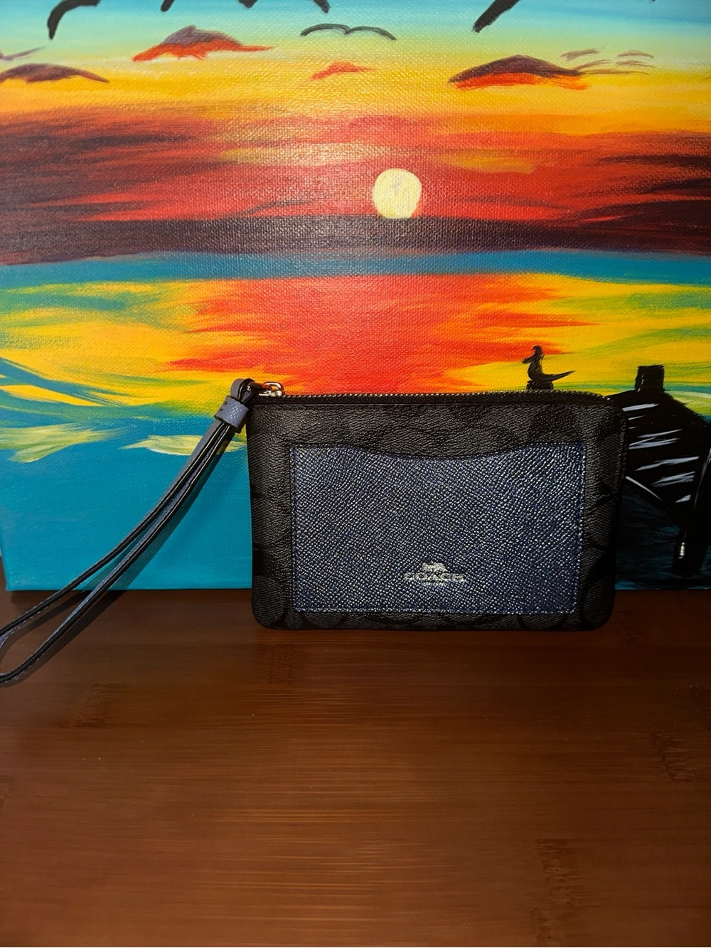 Coach Black and Denim Blue Wristlet Clutch
